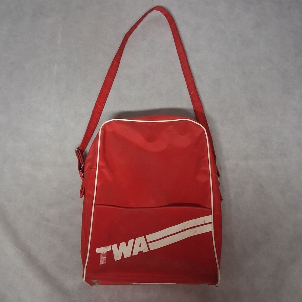 Vintage TWA Trans World Airlines Carry On Shoulder Swag Bag Red White Trim